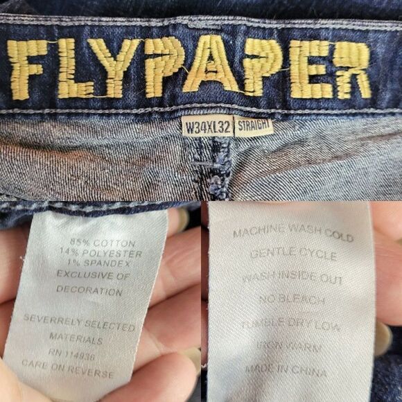 Flypaper Jeans Straight Whisker Distressed Embroidered Pockets Dark Wash 34 x 32 - Picture 4 of 14